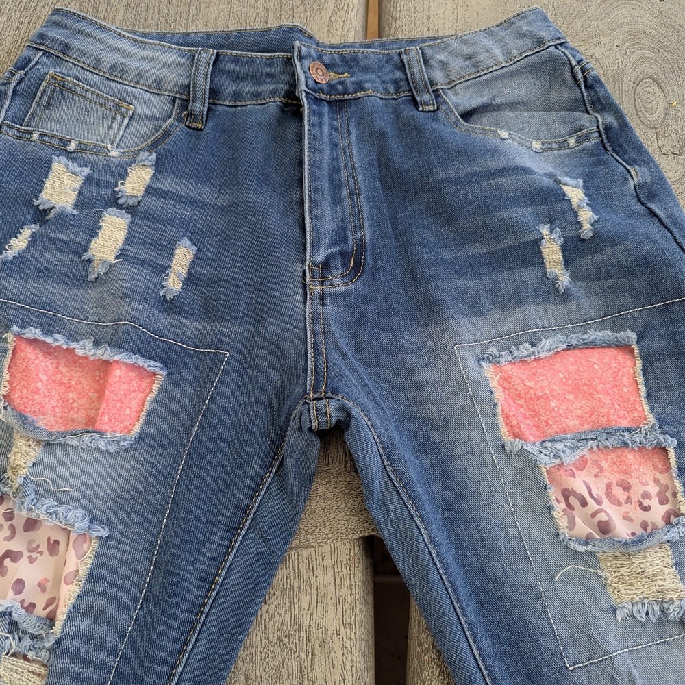 Women’s Blue Distressed Patchwork Jeans with Pink Accents Size M - Picture 2 of 16